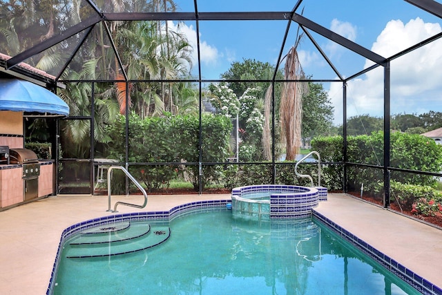 view of swimming pool featuring an in ground hot tub, a patio, glass enclosure, and a grill