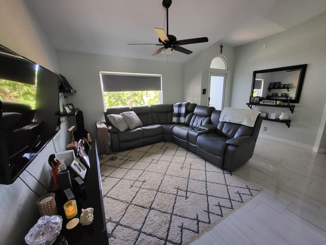 living room featuring ceiling fan