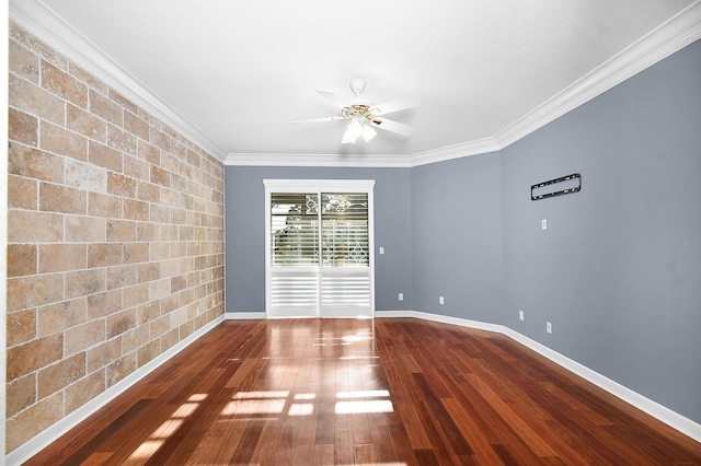 unfurnished room with ceiling fan, wood-type flooring, and ornamental molding