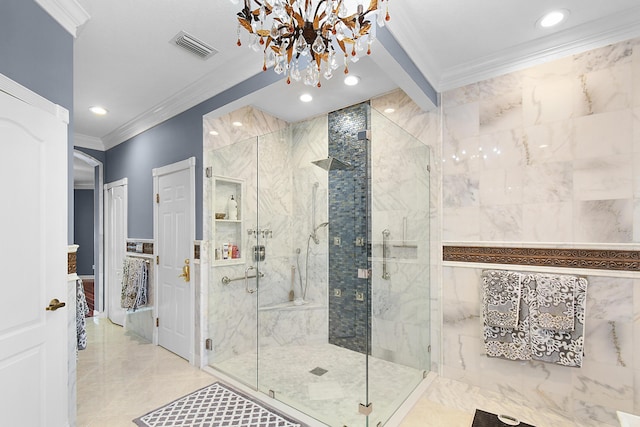 bathroom featuring beam ceiling, ornamental molding, walk in shower, and an inviting chandelier