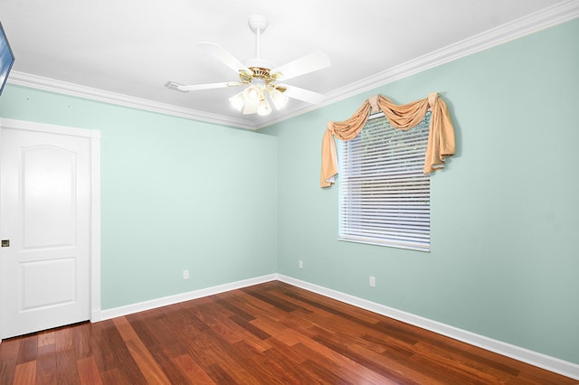 unfurnished room with hardwood / wood-style flooring, ceiling fan, and crown molding