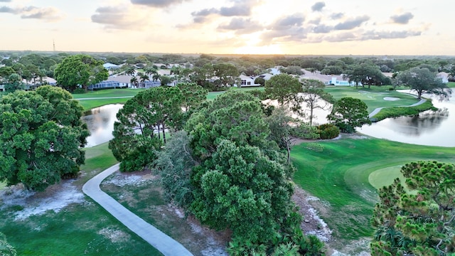 aerial view at dusk with a water view