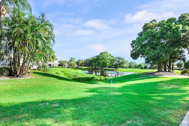 view of home's community featuring a lawn and a water view