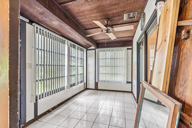 unfurnished sunroom with beamed ceiling, ceiling fan, and wood ceiling