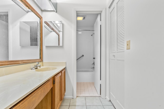 bathroom with tile flooring, vanity, and shower / bathtub combination