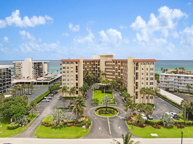 aerial view featuring a water view