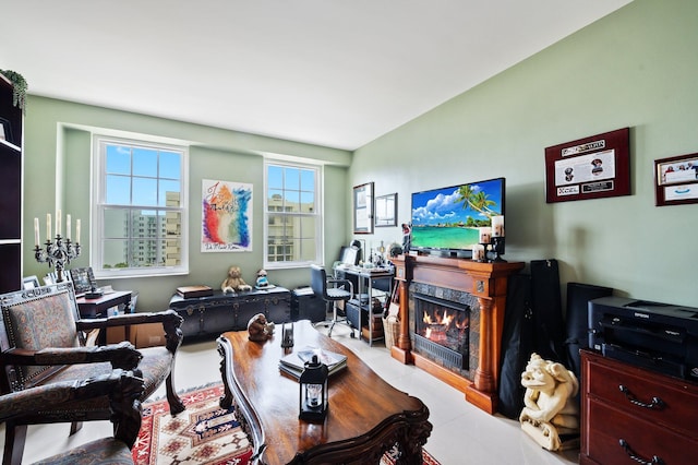 living room with a fireplace