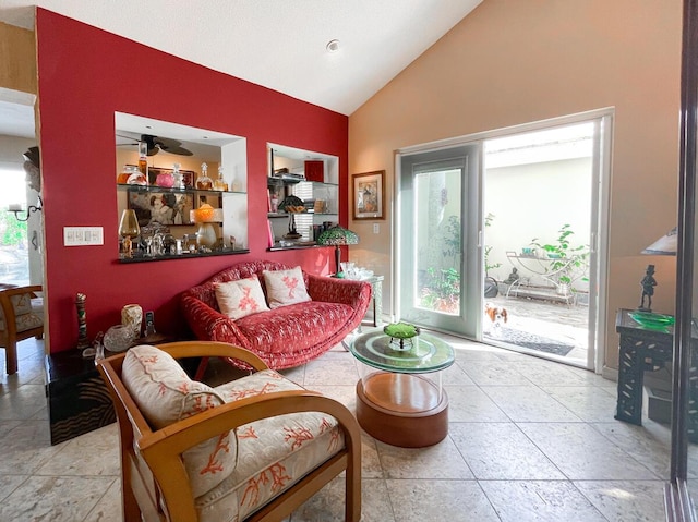 living room with lofted ceiling