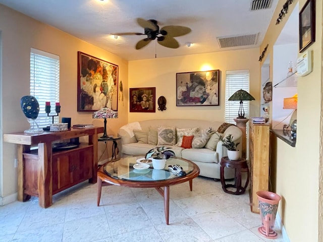 living room with ceiling fan