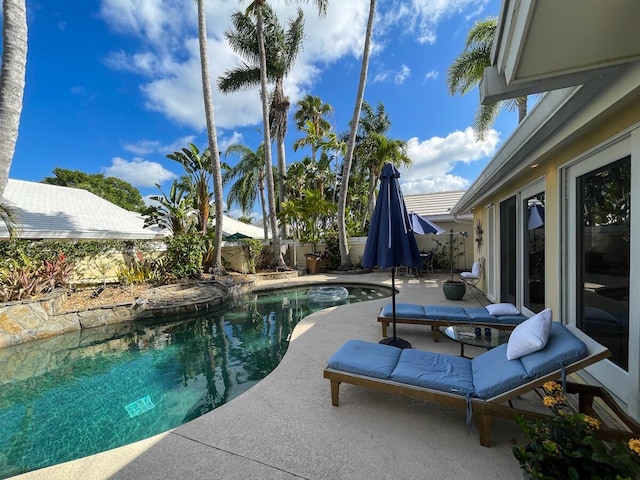 view of swimming pool with a patio area