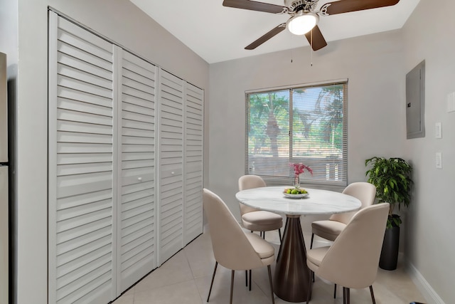 tiled dining area featuring ceiling fan and electric panel