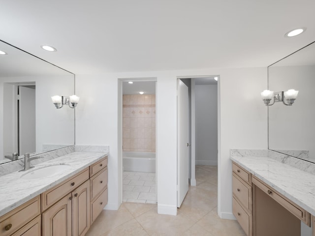 full bathroom with recessed lighting, tile patterned flooring, a bathtub, and vanity