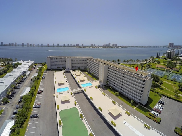 bird's eye view with a water view and a city view