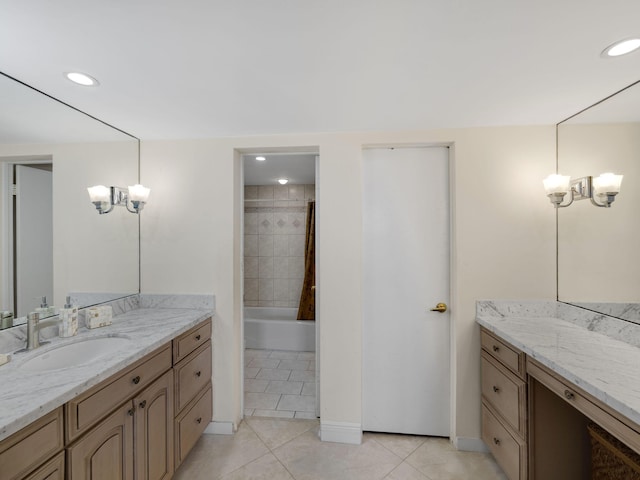 full bath with tile patterned flooring, vanity, recessed lighting, and shower / bath combo with shower curtain