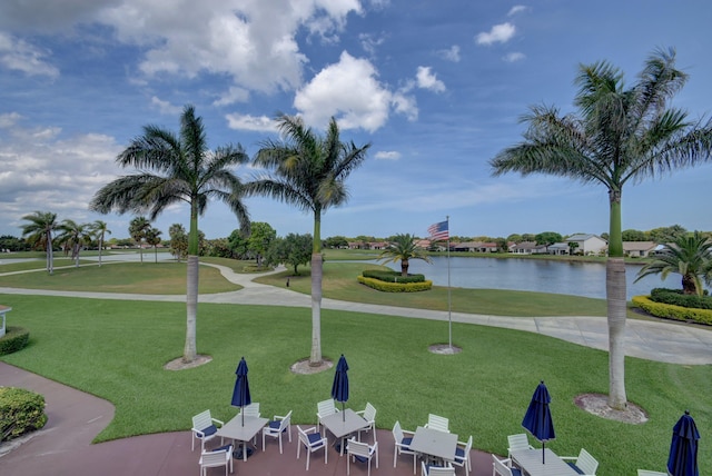 view of community featuring a water view and a lawn