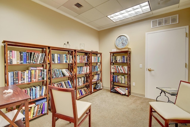 sitting room featuring carpet floors, a drop ceiling, and crown molding