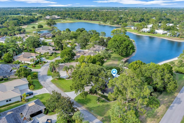 birds eye view of property featuring a water view