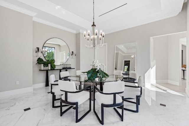 dining room with a tray ceiling, light tile flooring, crown molding, and a notable chandelier