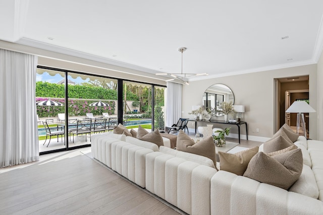 living room featuring crown molding, a wealth of natural light, a notable chandelier, and light hardwood / wood-style floors