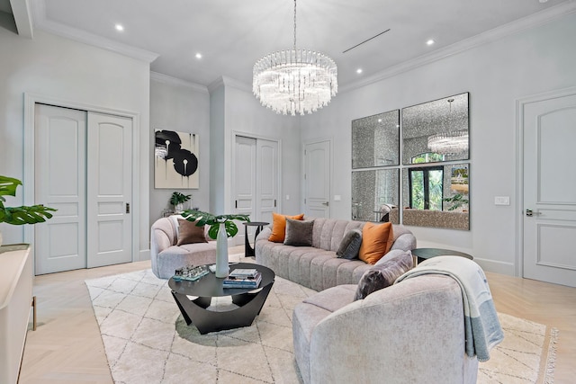 living room featuring a chandelier, ornamental molding, and light parquet flooring