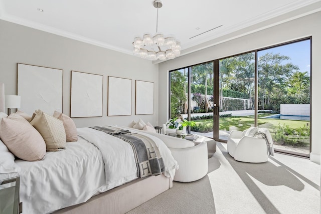 bedroom featuring a notable chandelier, ornamental molding, and carpet flooring