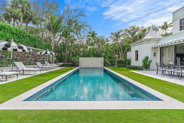 view of swimming pool featuring a patio and a lawn