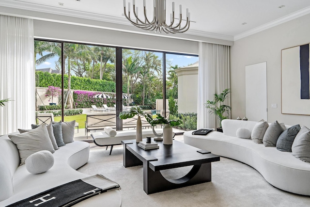 living room with ornamental molding and an inviting chandelier