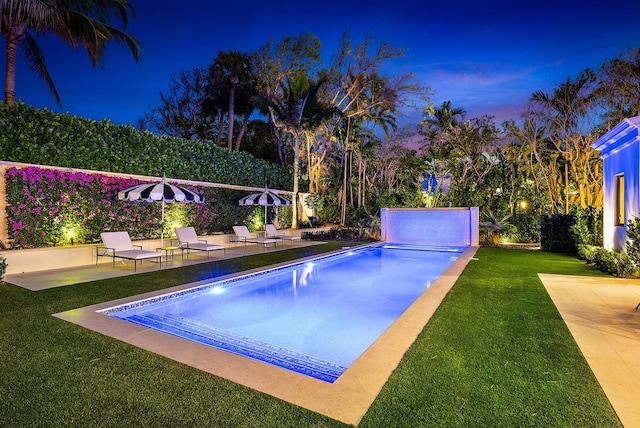 view of swimming pool with a yard and a patio area