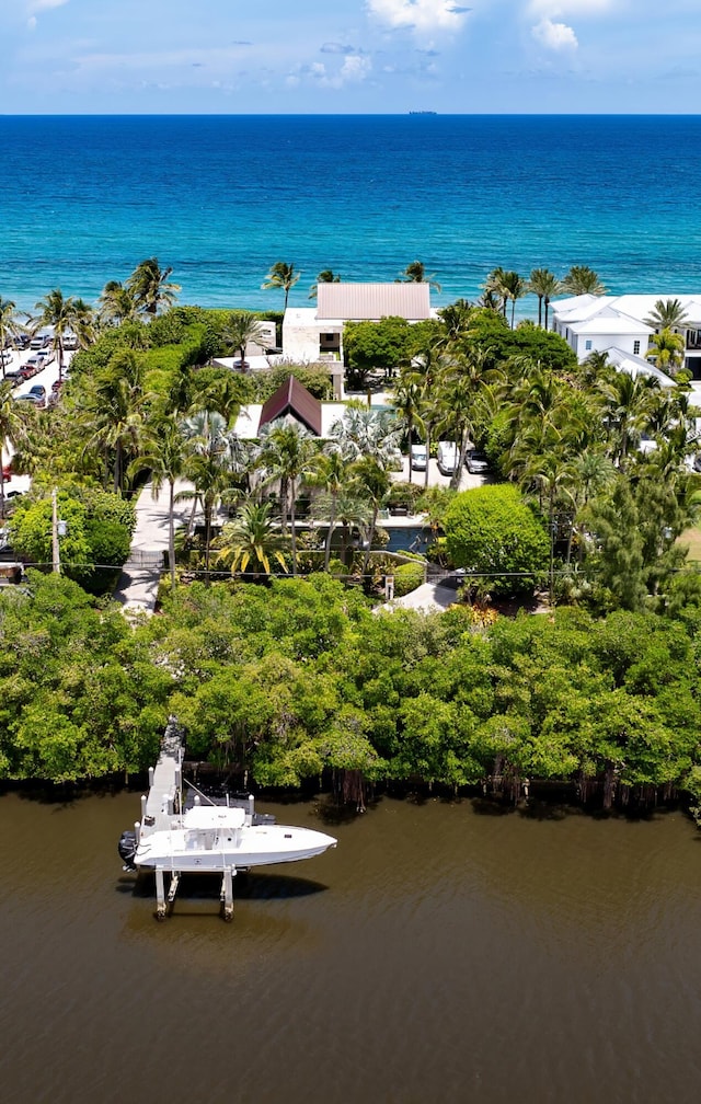 birds eye view of property featuring a water view