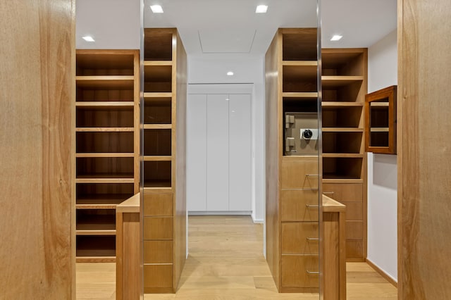 walk in closet with light hardwood / wood-style flooring