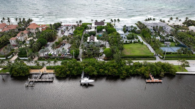 drone / aerial view with a water view