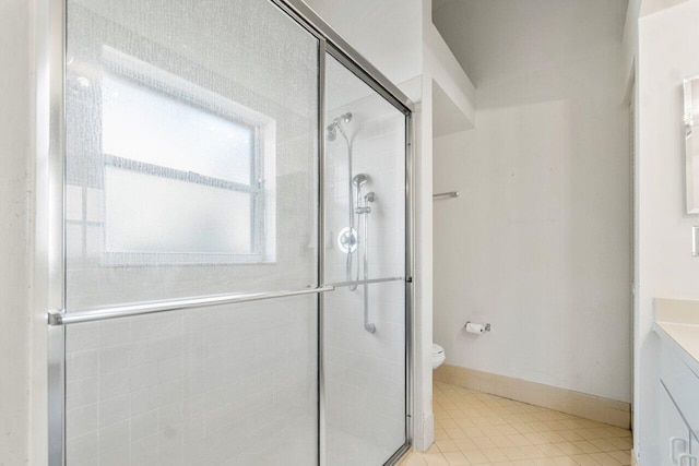 bathroom with vanity, an enclosed shower, and toilet