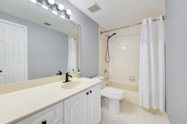 full bathroom with tile patterned floors, vanity, toilet, and shower / bathtub combination with curtain