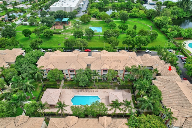 drone / aerial view with a water view