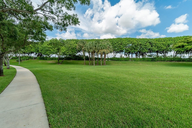 surrounding community with a water view and a lawn