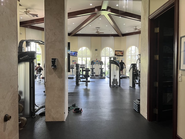 exercise room with ceiling fan and a wealth of natural light