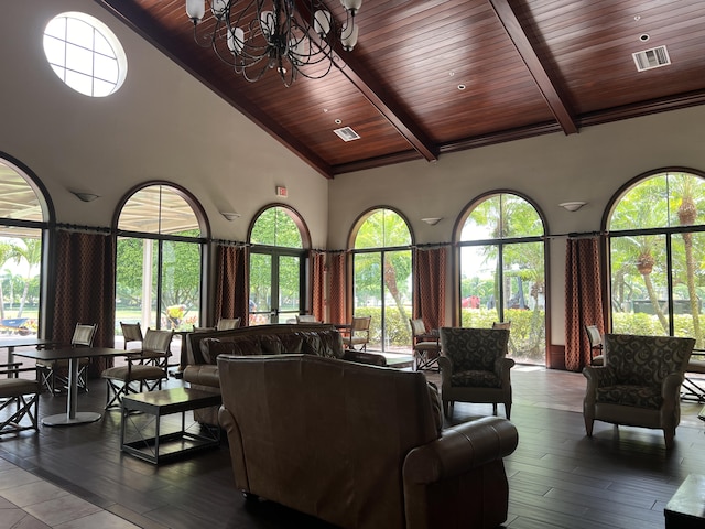 living room with an inviting chandelier, wooden ceiling, high vaulted ceiling, and a healthy amount of sunlight