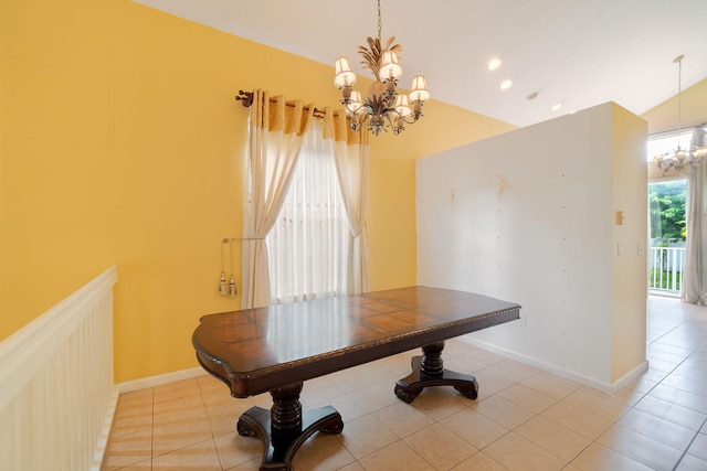 interior space featuring tile patterned floors, a notable chandelier, and lofted ceiling