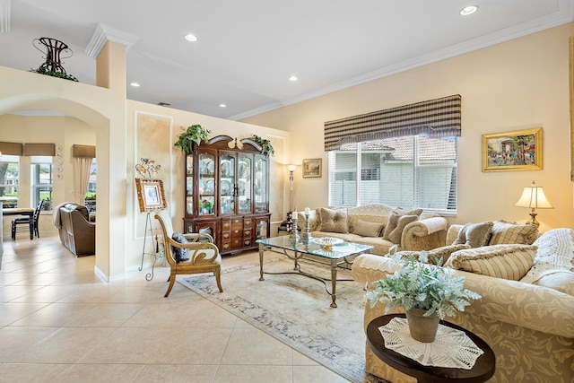 tiled living room with ornamental molding