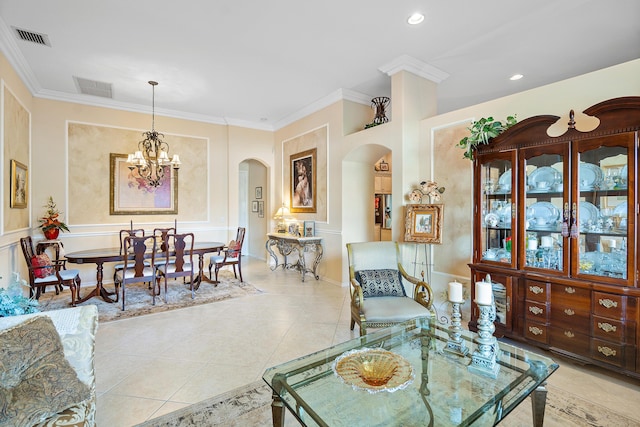 living room with crown molding, light tile patterned floors, and a chandelier