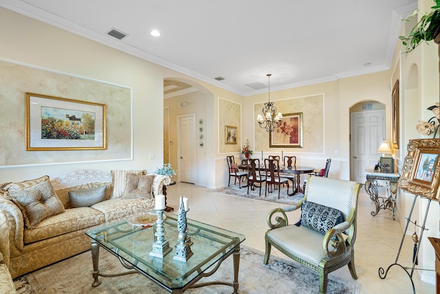 living room featuring ornamental molding, light tile patterned floors, and a notable chandelier