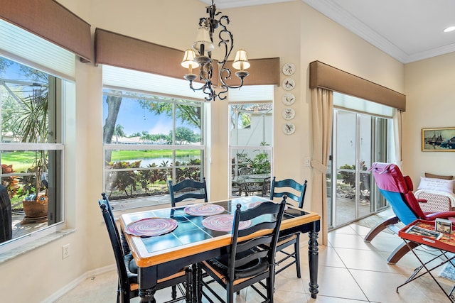 tiled dining area with ornamental molding and a notable chandelier