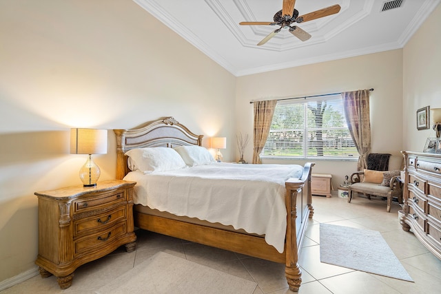 tiled bedroom with ornamental molding, a raised ceiling, and ceiling fan