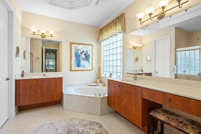 bathroom with vanity, separate shower and tub, tile patterned flooring, and a notable chandelier