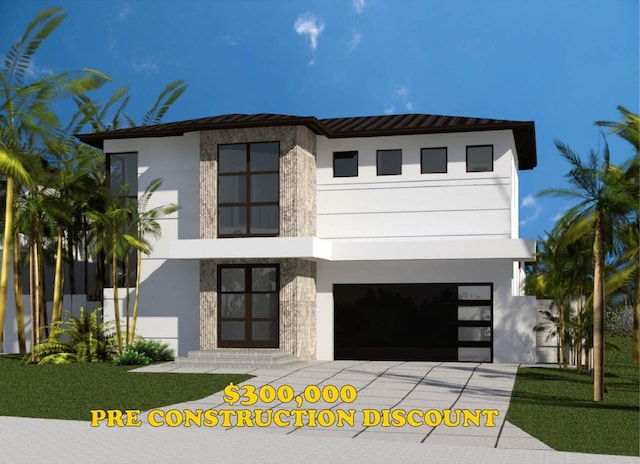 modern home with concrete driveway, an attached garage, and stucco siding