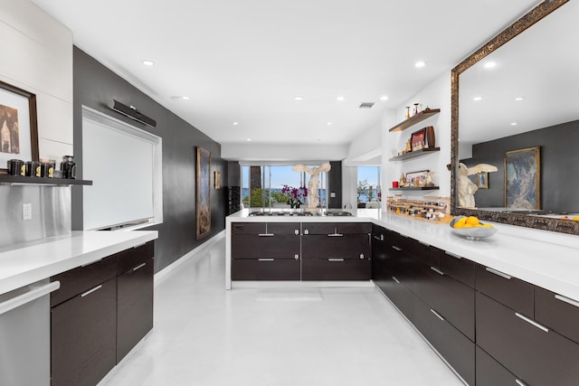 kitchen with dark brown cabinets and kitchen peninsula