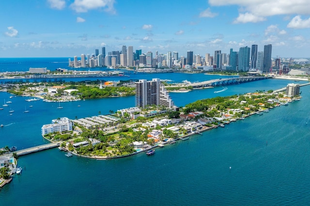 drone / aerial view featuring a water view