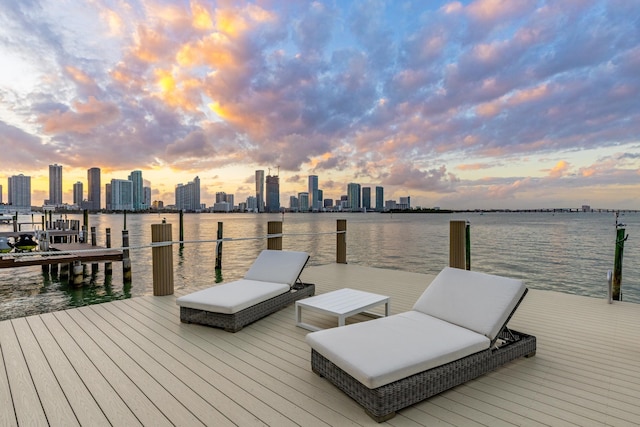 view of dock with a water view