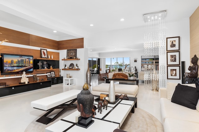 living room featuring an inviting chandelier