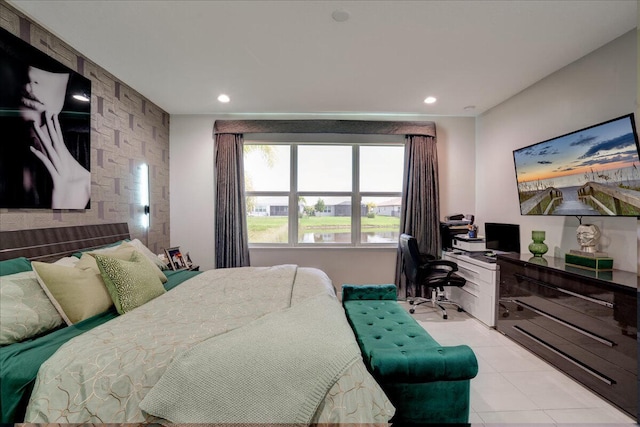 tiled bedroom featuring built in desk